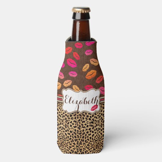 Leopard Print Lips Kisses Personalized Flesjeskoeler (Fles Voorkant)