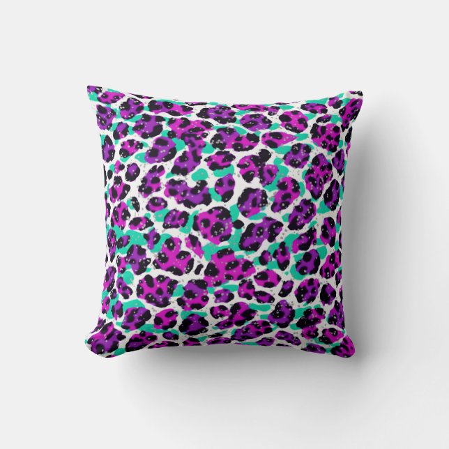 Leopard Print Magenta Roze Blauwgroen Blauw Kussen (Voorkant)