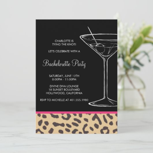 leopard print martini bachelorette kaart (Staand voorkant)