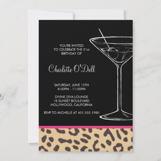 Leopard Print Martini Birthday Invitations Kaart (Voorkant)