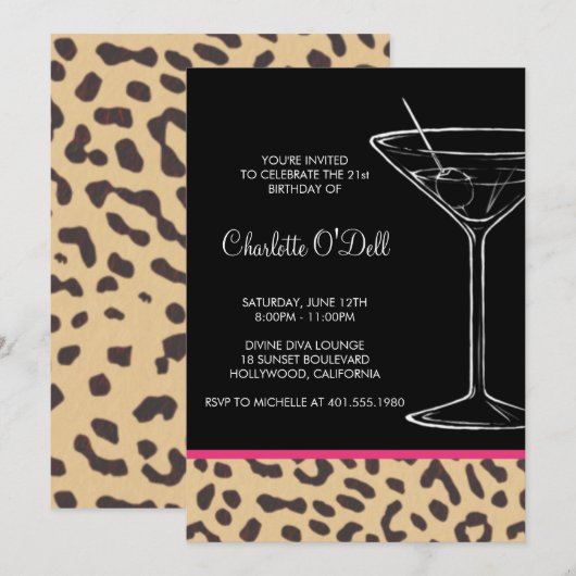 Leopard Print Martini Birthday Invitations Kaart (Voorkant / Achterkant)