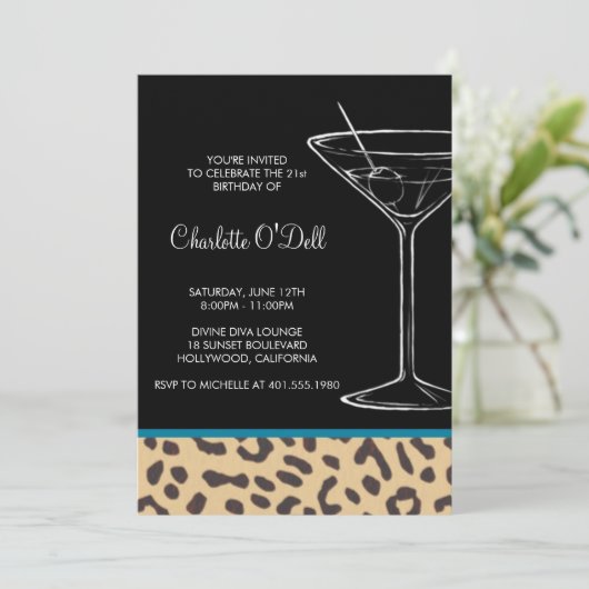 leopard print martini verjaardag kaart (Staand voorkant)