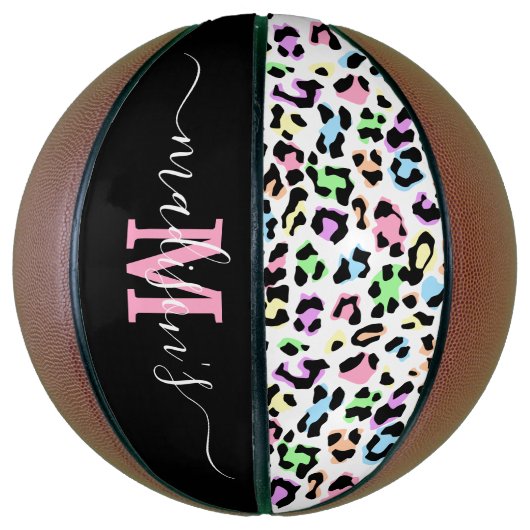 Leopard Print Monogram Naam Meisje Basketbal (Verticaal)