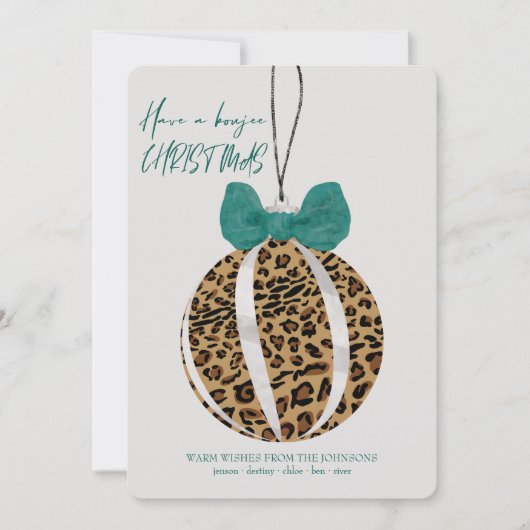 Leopard Print Ornament Green Bow Boujee kerst Feestdagenkaart (Voorkant)