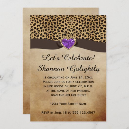 Leopard Print Paarse Hart Bling Afstudeerfeest Kaart (Voorkant / Achterkant)