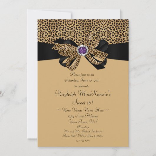 Leopard Print Paarse juwels Diamonds Sweet 16 Invi Kaart (Voorkant)