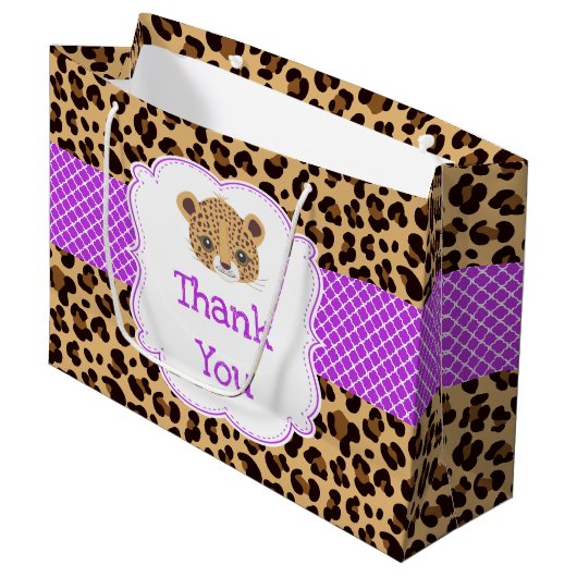 Leopard Print Paarse Quatrefoil Bedankt Groot Cadeauzakje (Voorkant Gekanteld)