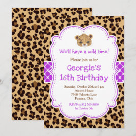 Leopard Print Paarse Quatrefoil Verjaardagsfeest Kaart