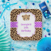 Leopard Print Paarse Quatrefoil Verjaardagsfeest Papieren Bordje (Feest)