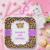 Leopard Print Paarse Quatrefoil Verjaardagsfeest Papieren Bordje (Feest)