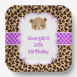 Leopard Print Paarse Quatrefoil Verjaardagsfeest Papieren Bordje