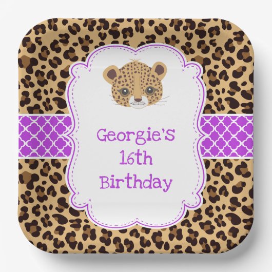 Leopard Print Paarse Quatrefoil Verjaardagsfeest Papieren Bordje (Voorkant)