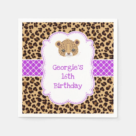 Leopard Print Paarse Quatrefoil Verjaardagsfeest Servet (Voorkant)