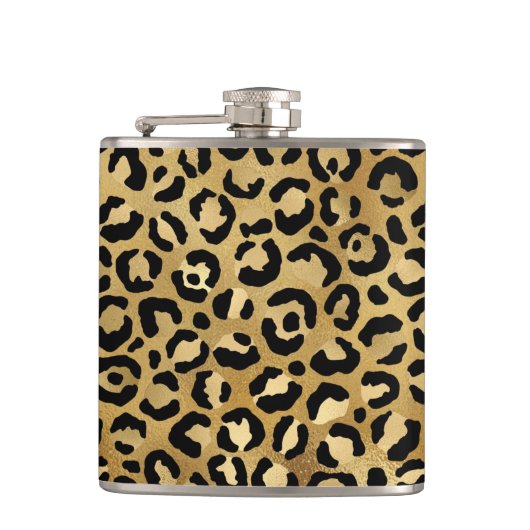 Leopard Print Pattern in Gold en Black Heupfles (Voorkant)