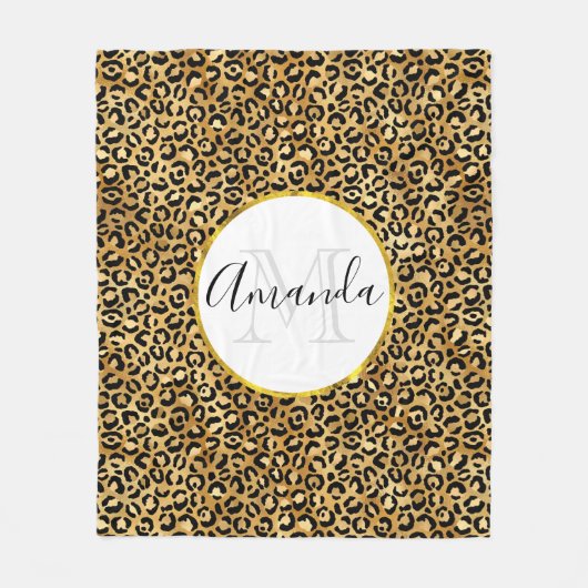 Leopard Print Pattern in Gold en Black Monogram Fleece Deken (Voorkant)