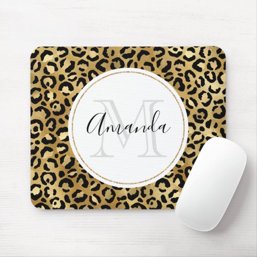 Leopard Print Pattern in Gold en Black Monogram Muismat (Met muis)