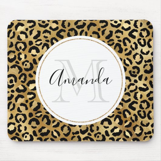 Leopard Print Pattern in Gold en Black Monogram Muismat (Voorkant)