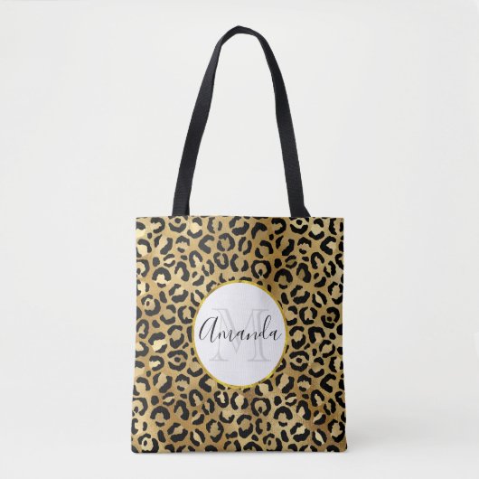 Leopard Print Pattern in Gold en Black Monogram Tote Bag (Voorkant)