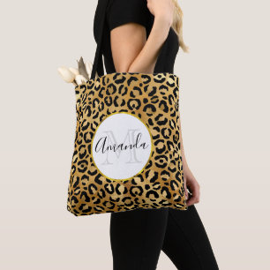 Leopard Print Pattern in Gold en Black Monogram Tote Bag