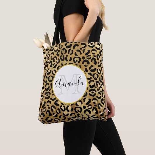 Leopard Print Pattern in Gold en Black Monogram Tote Bag (Dichtbij)