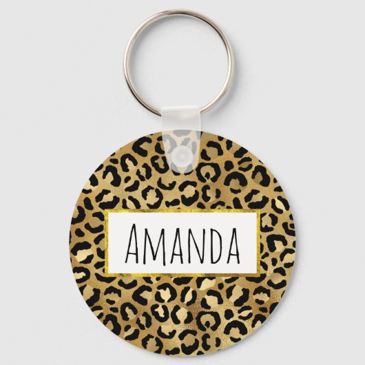 Leopard Print Pattern in Gold en Black Sleutelhanger (Voorkant)