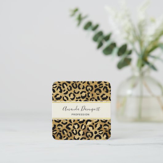 Leopard Print Pattern in Gold en Black Vierkante Visitekaartje (Staand voorkant)