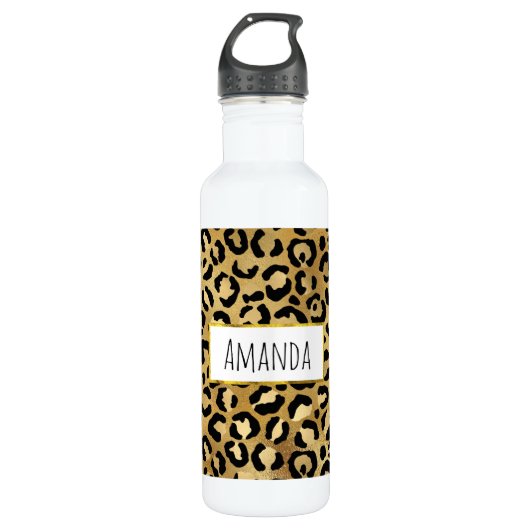Leopard Print Pattern in Gold en Black Waterfles (Voorkant)