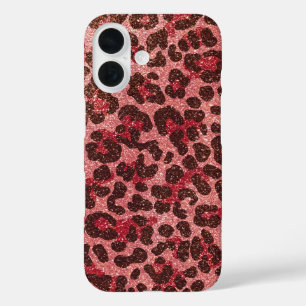 Leopard Print Pattern met Roos Gold Glitter iPhone 16 Hoesje