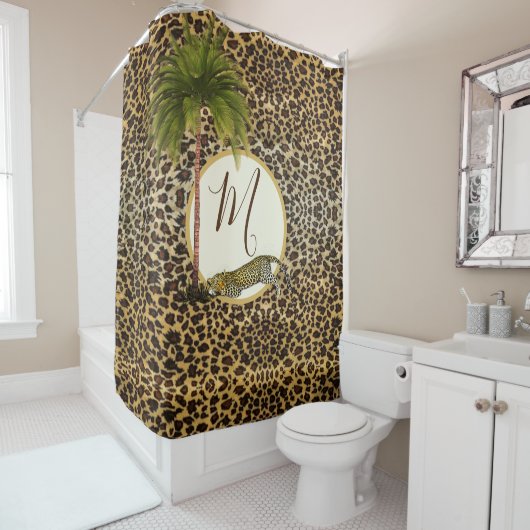 Leopard Print Pattern Palm Tree Elegant Monogram Douchegordijn (In situ)