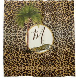 Leopard Print Pattern Palm Tree Elegant Monogram Douchegordijn
