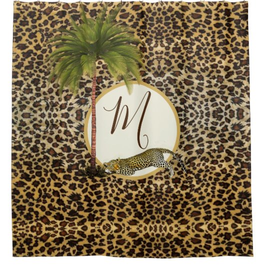 Leopard Print Pattern Palm Tree Elegant Monogram Douchegordijn (Voorkant)