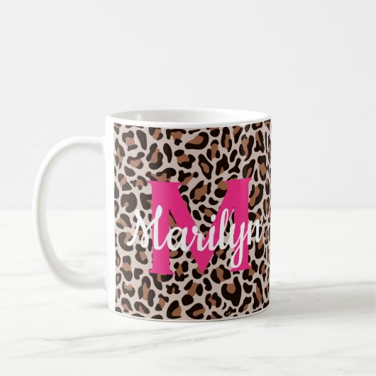 Leopard Print Personaliseer naam Hot-Pink Coffee M Koffiemok (Links)