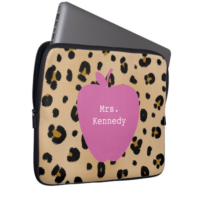 Leopard Print Pink Apple leraar Laptop Sleeve (Voorkant Rechts)