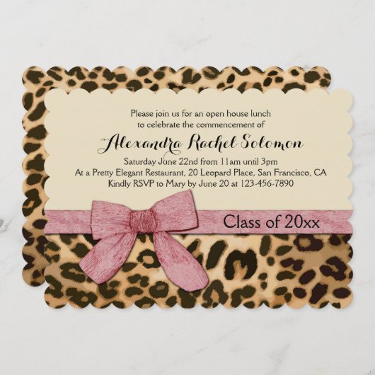 Leopard Print Pink Bow Afstuderen/partijuitnodigin Kaart (Voorkant / Achterkant)