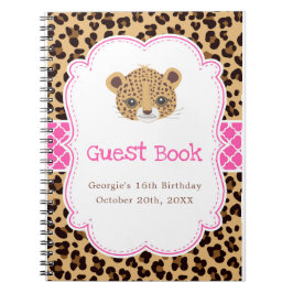 Leopard Print Pink Quatrefoil Birthday Guest Book Notitieboek