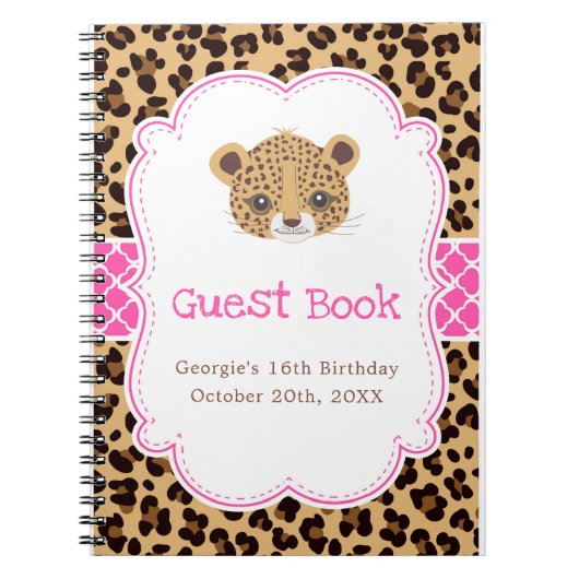 Leopard Print Pink Quatrefoil Birthday Guest Book Notitieboek (Voorkant)