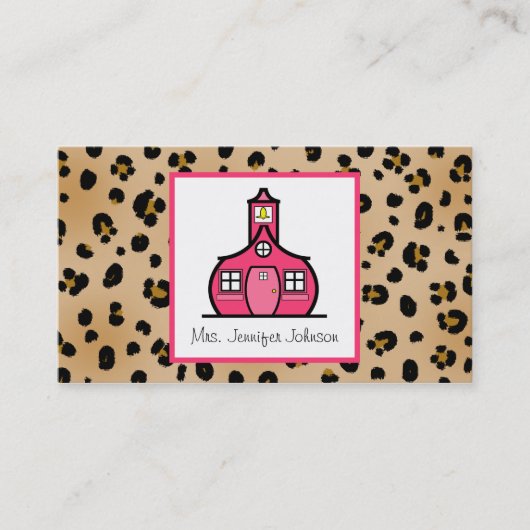 Leopard Print Pink Schoolhouse Teacher Visitekaartje (Voorkant)