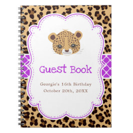 Leopard Print Purple Quatrefoil Birthda Guest  Notitieboek