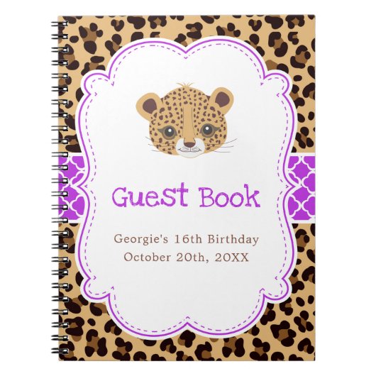 Leopard Print Purple Quatrefoil Birthda Guest  Notitieboek (Voorkant)