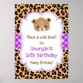 Leopard Print Quatrefoil Verjaardag Poster Paarse