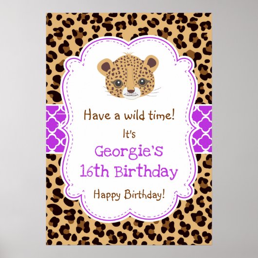 Leopard Print Quatrefoil Verjaardag Poster Paarse (Voorkant)