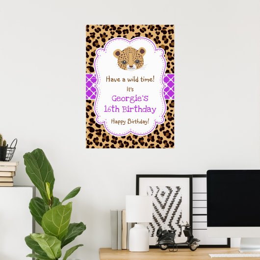 Leopard Print Quatrefoil Verjaardag Poster Paarse (Thuiskantoor)