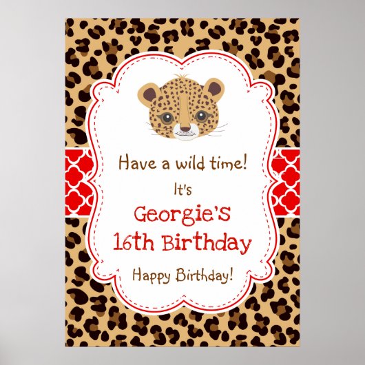 Leopard Print Quatrefoil Verjaardag Poster Rood (Voorkant)