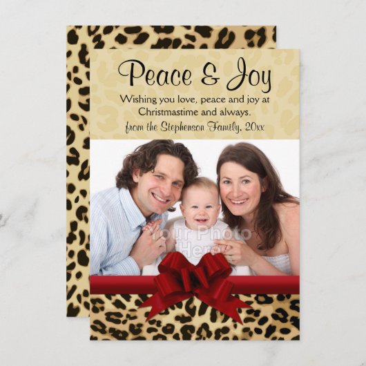 Leopard Print Red Bow kerstfoto Greep Feestdagenkaart (Voorkant / Achterkant)