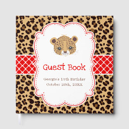 Leopard Print Red Quatrefoil Birthday Party Gastenboek