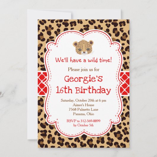 Leopard Print Red Quatrefoil Verjaardagsfeest Kaart (Voorkant)