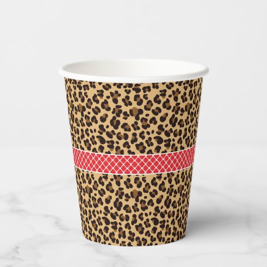 Leopard Print Red Quatrefoil Verjaardagsfeest Papieren Bekers (Achterkant)