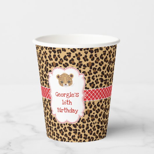 Leopard Print Red Quatrefoil Verjaardagsfeest Papieren Bekers (Voorkant)