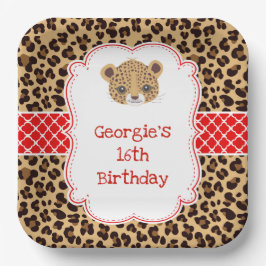 Leopard Print Red Quatrefoil Verjaardagsfeest Papieren Bordje