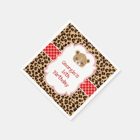 Leopard Print Red Quatrefoil Verjaardagsfeest Servet (Hoek)